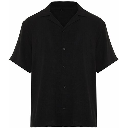 Trendyol Black Black Men's Oversize Fit Summer Short Sleeve Linen Look Shirt Shirt Slike