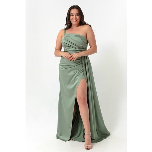 Lafaba Women's Mint Green One-Shoulder Plus Size Satin Evening Dress & Prom Dress Slike