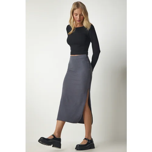 Happiness İstanbul Women's Dark Gray Slotted Corduroy Knitted Pencil Skirt