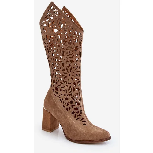 Zazoo 3234 Suede Openwork Boots Dark Beige