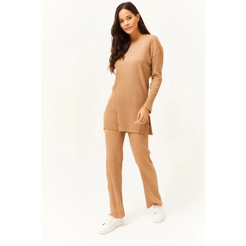 Olalook Women's Camel Top Slit Blouse Bottom Palazzo Ribbed Suit