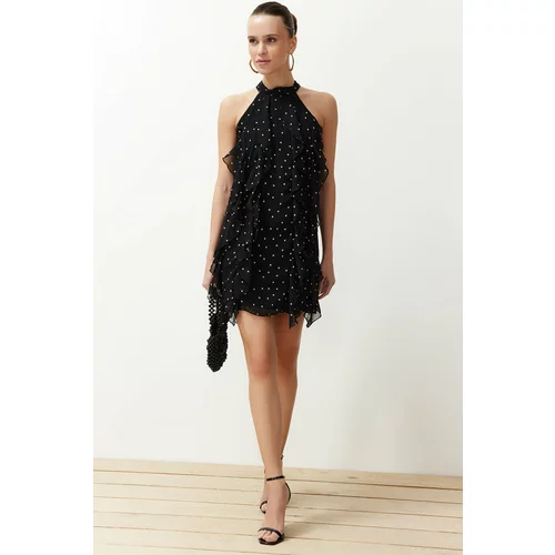 Trendyol Black Polka Dot Flounce Chiffon Lined Mini Woven Dress