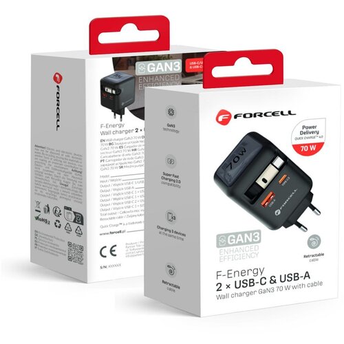 forcell F-ENERGY GaN III VT-R7 putni punjac sa uvlacivim kablom Type C i 1x Type C, 1x USB A prikljuccima za punjenje PD QC4.0 3A 70W sivi Cene