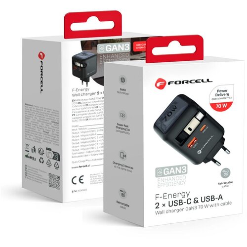 forcell Polnilec za pametni telefon in tablico 70W GaN III USB-C z izvlečnim kompaktnim kablom, Črna, (5000191756) Cene