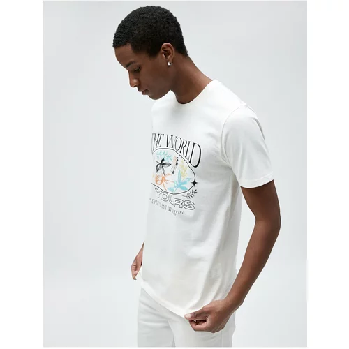Koton Slogan Printed T-Shirt with Floral Detail, Slim Fit Crew Neck Cotton.