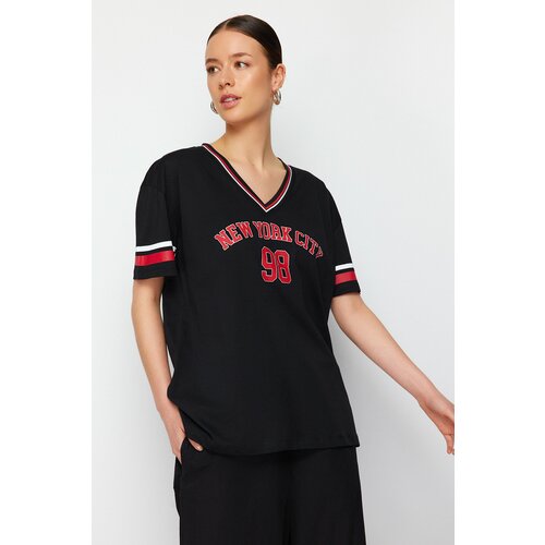 Trendyol Black 100% Cotton Knitwear Strip Detail Slogan Printed Oversize/Large Knitted T-Shirt Cene