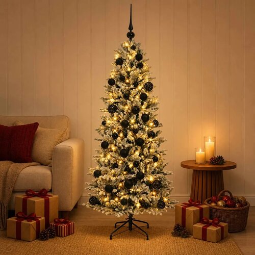 Umjetno božićno drvce s kuglicom 150 cm 150 LED lampica - Zelena i bijela 150 cm s LED-ima i crnim lopticama Slike