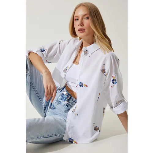  Women's Ecru Floral Embroidered Cotton Shirt