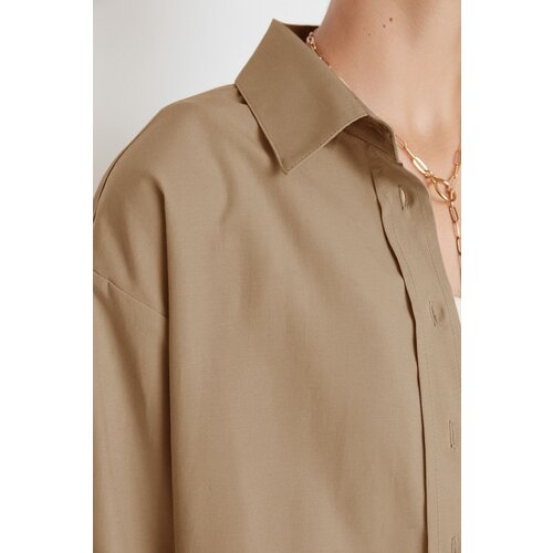 Trendyol Gray Single Pocket Boyfriend Wide Fit Cotton Woven Shirt Cene