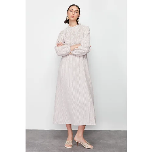 Trendyol Beige Striped Gipe Detailed Woven Dress