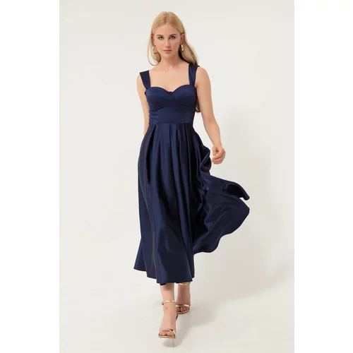 Lafaba Women's Navy Blue Straps, Flare Cut Midi Satin Evening Dress.