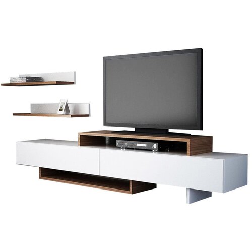 Furny Home Komplet bijele TV komode i zidnih polica u dekoru od tikovine Nirvanas Cijene