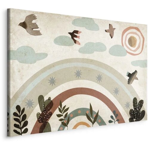  Slika - Rainbow and Sun Above - Birds in Subdued Colors Flying Among Clouds Above a Rainbow and Various Plants on a Light Backgr Cijene