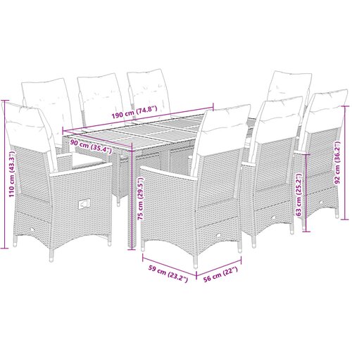  9-dijelni vrtni blagovaonski set s jastucima crni od poliratana Crna 190 x 90 x 75 cm Slike