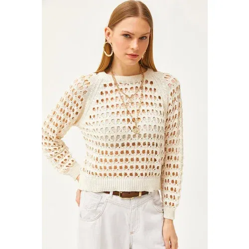 Olalook Women's Ecru Crew Neck Perforated Cotton Knitwear Blouse