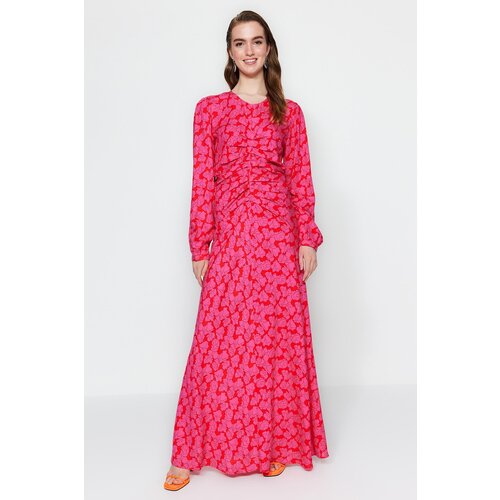 Trendyol Floral Patterned Fuchsia Woven Dress with Stitching Detail at the Waist Cene