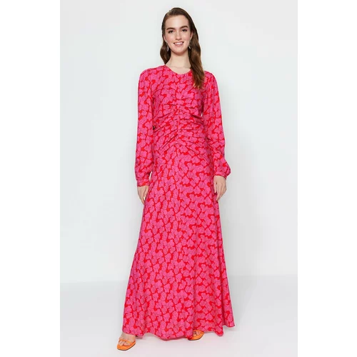 Trendyol Floral Patterned Fuchsia Woven Dress with Stitching Detail at the Waist