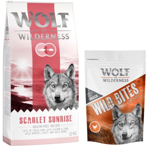 Wolf of Wilderness 12 kg suhe hrane + Snack gratis! - "Scarlet Sunrise" losos in tuna - brez žit + Wide Acres - piščanec (monoprotein) Cene