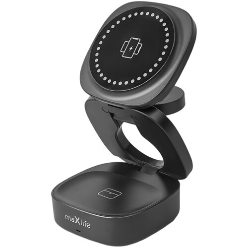 Maxlife 3-v-1 brezžični polnilnik MagSafe Qi 15W za pametni telefon / AirPods / Apple Watch, Črna, (5000191758) Slike