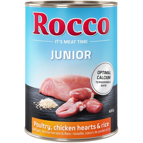 Rocco Junior 6 x 400 g - Pileća srca + riža + kalcij Slike