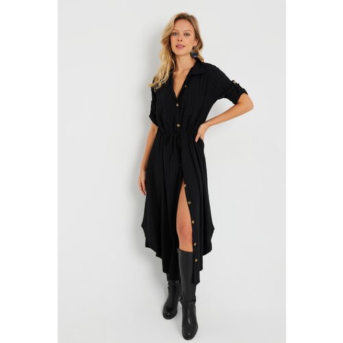 Cool & Sexy Women's Midi Shirt Dress Black Q984 Slike