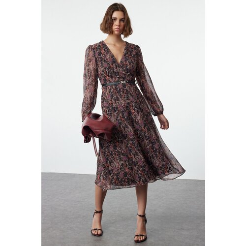 Trendyol Brown Floral Belted A-Line Midi Double Breasted Collar Patterned Chiffon Woven Dress Cene