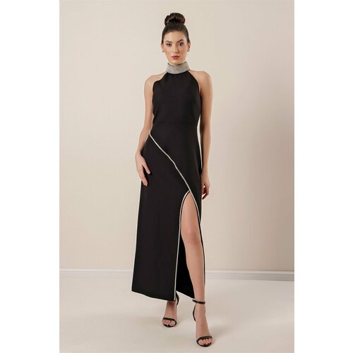By Saygı Stone Detailed Long Dress with a Slit in the Front Black Slike