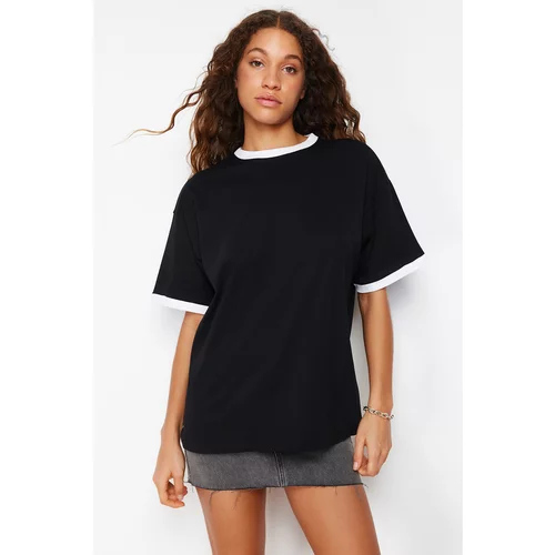 Trendyol Black 100% Cotton Contrast Collar and Stripe Detailed Oversize/Relaxed Cut Knitted T-Shirt