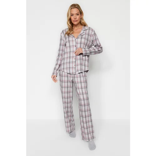 Trendyol Gray Multicolored Brushed 100% Cotton Check Shirt-Pants Knitted Pajamas Set