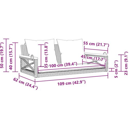  Klupa za ljuljanje s jastucima smeđa 109x62x40 cm od poliratana - Smeđa 109 x 62 x 40 cm 1 Nasloni za ruke križnog dizajna Slike
