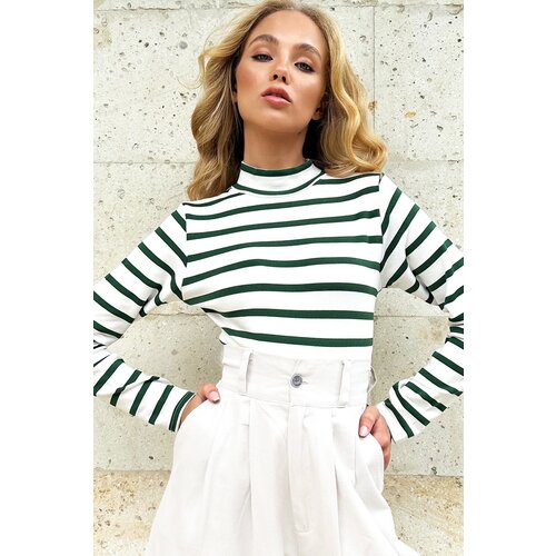 Trend Alaçatı Stili Women's Green Half Turtleneck Striped Knitted Crop Blouse Cene