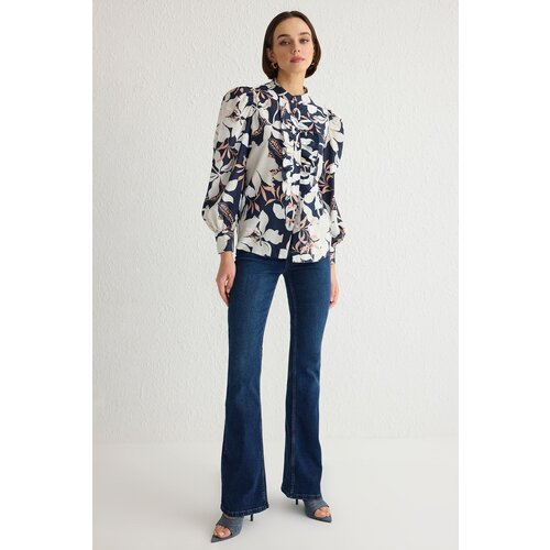 Trendyol Navy Blue Stand Collar Ruffle Chiffon Floral Woven Shirt Cene