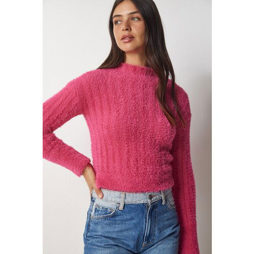 Happiness İstanbul Women's Pink Stand-Up Collar Bearded Knitwear Sweater Slike