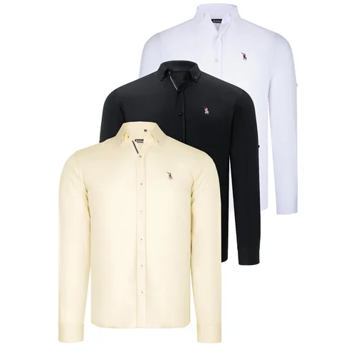 Dewberry TRIPLE SET G674 MENS SHIRT-BLACK-WHITE-YELLOW