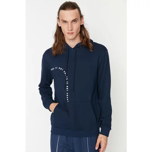 Trendyol Navy Men Regular Fit Long Sleeve Hooded Printed Sweatshirt
