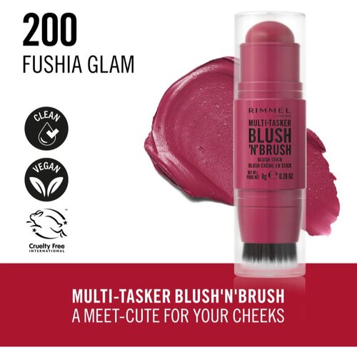 Rimmel London Multi-Tasker Blush&amp;#039;N&amp;#039;brush rdečilo v paličici s čopičem odtenek 200 Fushia Glam 8 g Slike