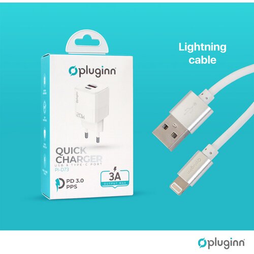  Kućni punjač Plugi PI-D73/ QC3.0 PD3.0/ PPS/ USB-PD 18W+20W/ 38W (total) sa kablom Type-C na iPhone Lightning beli Cene