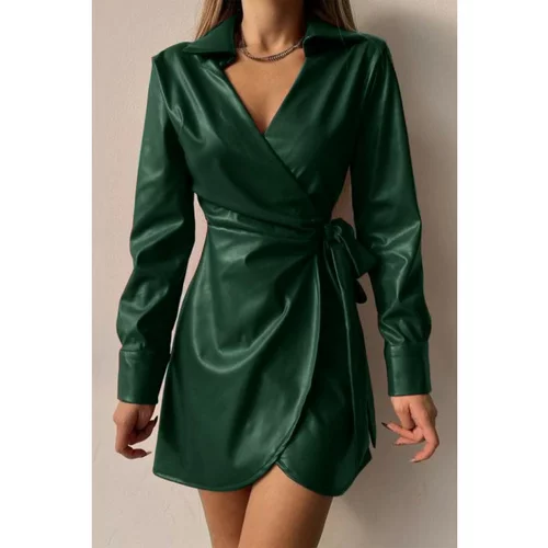 Fenzy Elegatna Mini Obleka Iz Umetnega Usnja Na Preklop Pellita, Temno Zelena