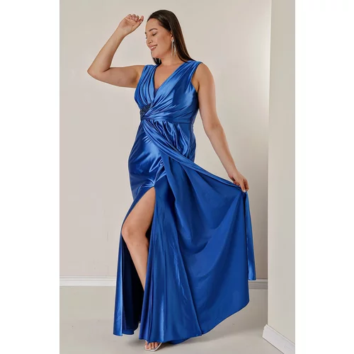 By Saygı Plus Size Long Satin Dress with Beaded Detail and Lined Draping in the Front.