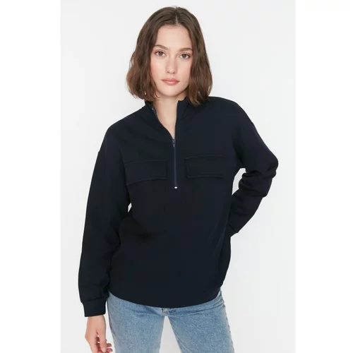 Trendyol Navy Blue Basic Stand Up Collar Raised Knitted Sweatshirt