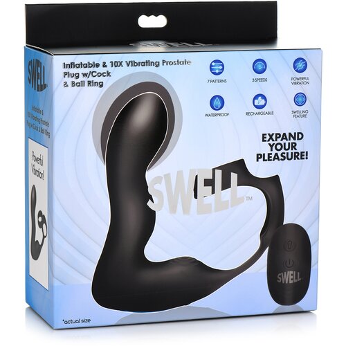 Swell Inflatable &amp;amp; Vibrating Prostate Plug + Cock &amp;amp; Ball Ring Remote Control Black Slike