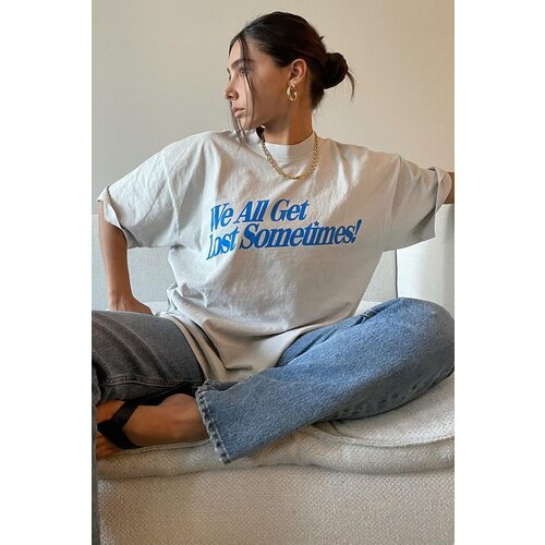 Madmext Ecru Printed Oversize T-Shirt Cene