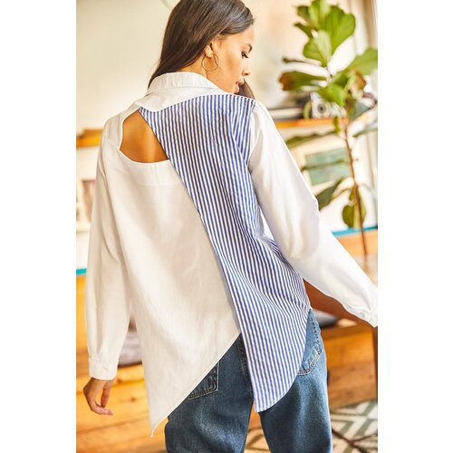 Olalook Women&amp;#039;s Blue White Back Cut Out Detail Sambre Oversize Shirt Slike
