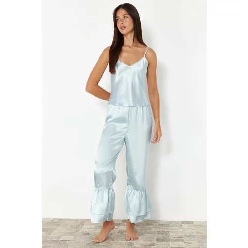 Trendyol Light Blue Flounce Detailed Capri Satin Woven Pajamas Set