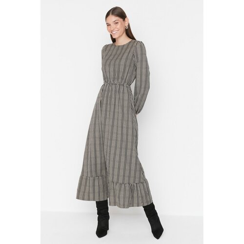 Trendyol Dark Gray Plaid Pattern Waist and Cuff Elastic Detailed Woven Dress Slike