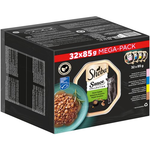 Sheba Večkratno pakiranje različice pladnji 64 x 85 g - Sauce Lover (losos, tuna, pi&amp;scaron;čanec, raca) Slike