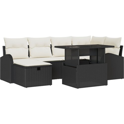 vidaXL set vrtnih sofa od 7 dijelova s jastučićima crni poli ratan, dvosed vrtna sofa s pohranom i jastučićima crni poli ratan Cijene