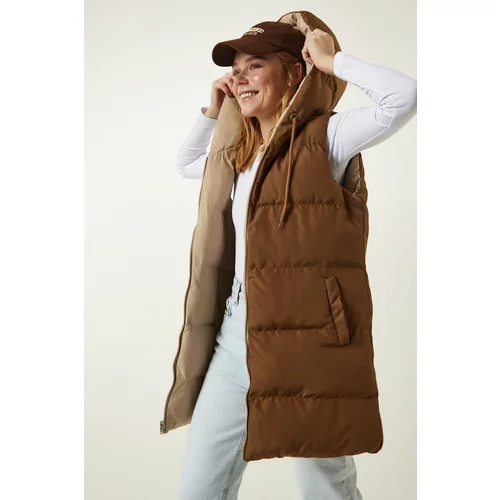 Happiness İstanbul Women's Beige Camel Hooded Reversible Puffer Vest