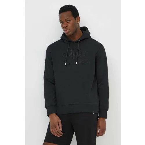 Gant Bombažen pulover moška, črna barva, s kapuco