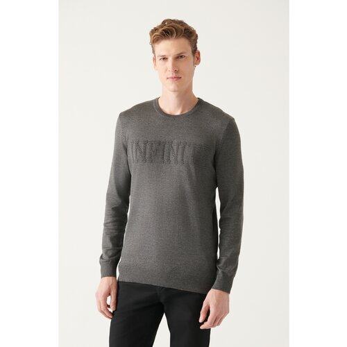 Avva Men's Gray Crew Neck Text Motto Cotton Standard Fit Normal Cut Knitwear Sweater Cene